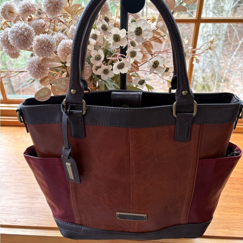 Tignanello Brown and Red Tote Bag with Leather Handles.